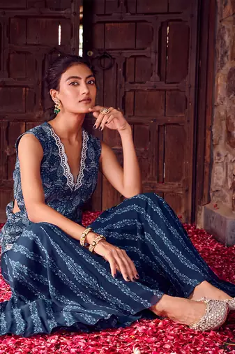 Midnight blue georgette printed co-ord set