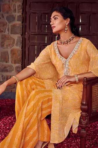 Mayan gold georgette embroidered kaftan set