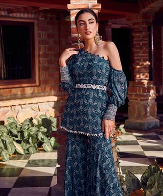 Midnight blue georgette embroidred gharara set 2