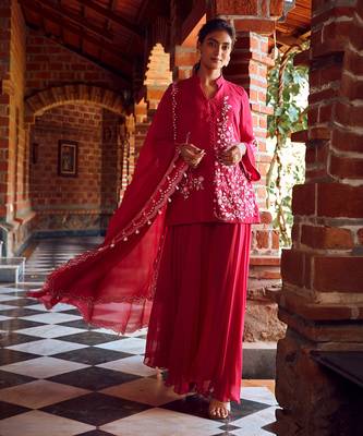 Fuchsia pink georgette embroidred sharara suit set 1