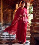 Fuchsia pink georgette embroidred sharara suit set