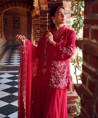 Fuchsia pink georgette embroidred sharara suit set 2