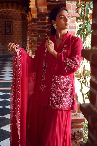 Fuchsia pink georgette embroidred sharara suit set