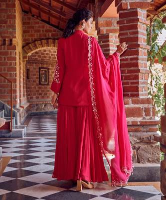 Fuchsia pink georgette embroidred sharara suit set 3