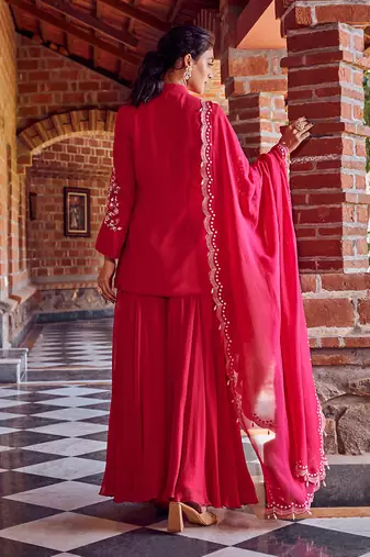 Fuchsia pink georgette embroidred sharara suit set