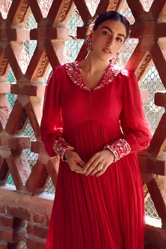 Fuchsia pink georgette anarkali set