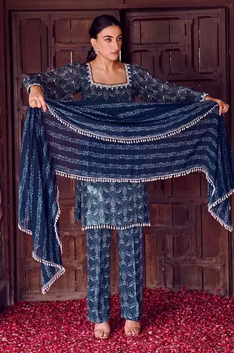 Midnight blue georgette embroidred kurta set