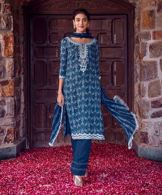 Midnight blue georgette embroidred kurta set 1