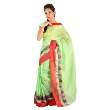Red Border Hand Weaved Green Cotton Doria Saree Deepawali Gift 247 1