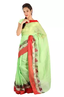 Red Border Hand Weaved Green Cotton Doria Saree Deepawali Gift 247