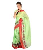Red Border Hand Weaved Green Cotton Doria Saree Deepawali Gift 247