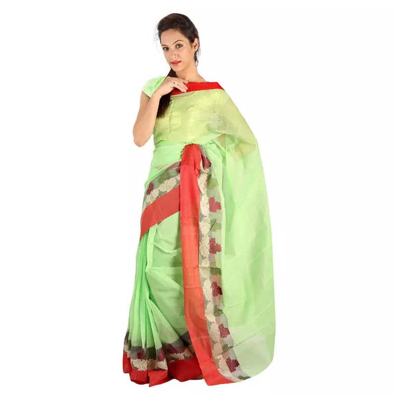 Red Border Hand Weaved Green Cotton Doria Saree Deepawali Gift 247