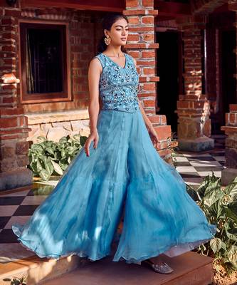 Powder blue georgette embroidred sharara set 1