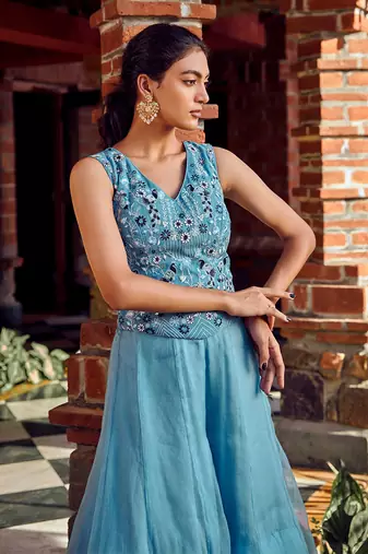 Powder blue georgette embroidred sharara set