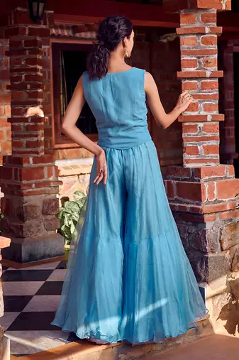Powder blue georgette embroidred sharara set