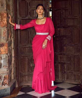Fuchsia pink georgette ruffled draped saree set 1