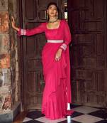 Fuchsia pink georgette ruffled draped saree set