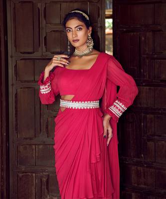 Fuchsia pink georgette ruffled draped saree set 2