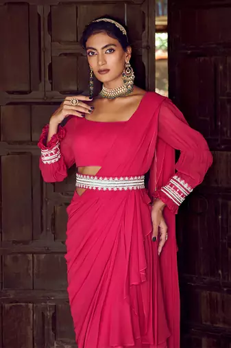 Fuchsia pink georgette ruffled draped saree set