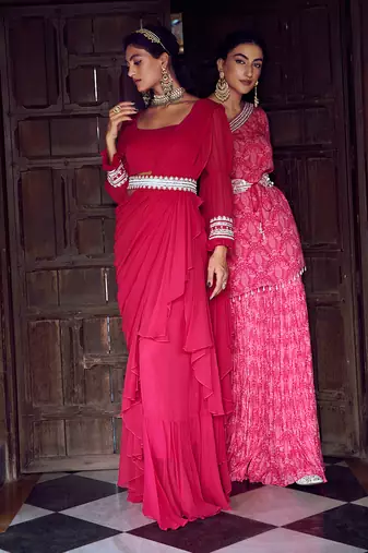 Fuchsia pink georgette ruffled draped saree set