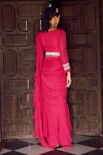 Fuchsia pink georgette ruffled draped saree set
