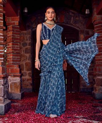 Midnight blue georgette gharara saree set 1