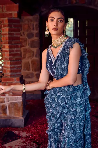 Midnight blue georgette gharara saree set