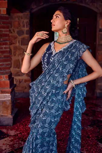 Midnight blue georgette gharara saree set