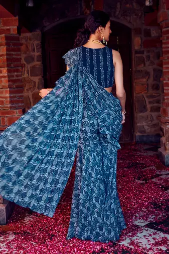 Midnight blue georgette gharara saree set
