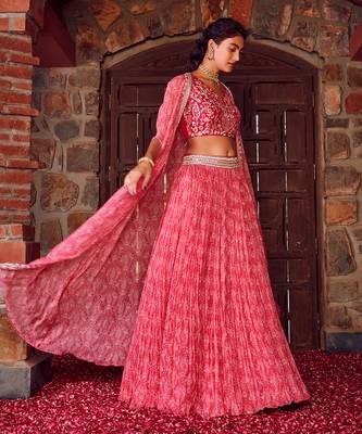 Fuchsia Pink Georgette Embroidred Lehenga Set 1