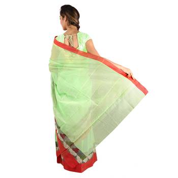 Red Border Hand Weaved Green Cotton Doria Saree Deepawali Gift 247 2