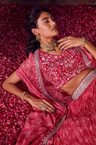Fuchsia Pink Georgette Embroidred Lehenga Set