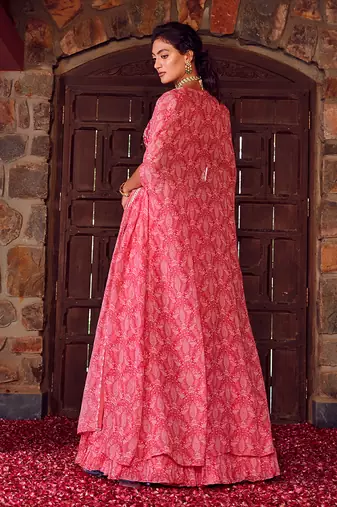 Fuchsia Pink Georgette Embroidred Lehenga Set