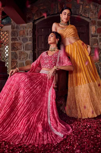 Fuchsia Pink Georgette Embroidred Lehenga Set