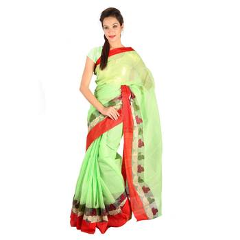Red Border Hand Weaved Green Cotton Doria Saree Deepawali Gift 247 3