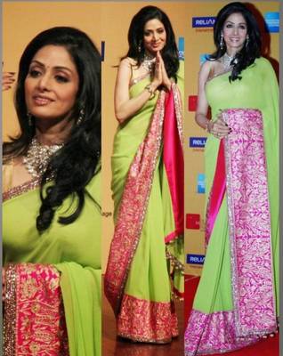 Sridevi Bollywood Design Zari Border Chiffon Saree Diwali Special Gift 558 2