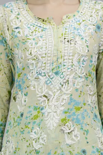 hand embroidered green mal-mal lucknow chikankari women kurta set