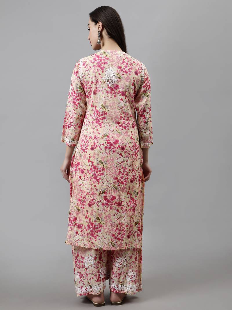 Seva chikan hand embroidered pink mal-mal lucknow chikankari women kurta set
