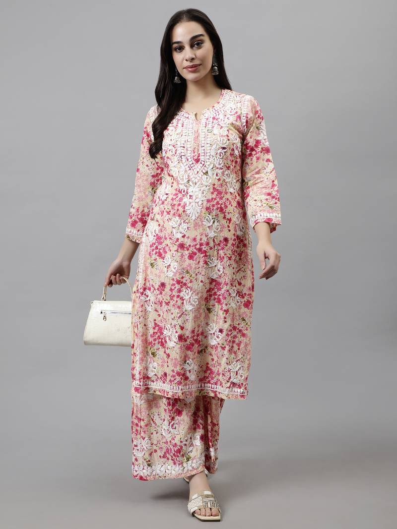 Seva chikan hand embroidered pink mal-mal lucknow chikankari women kurta set