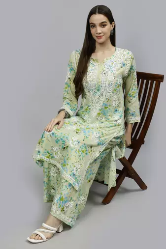 hand embroidered green mal-mal lucknow chikankari women kurta set
