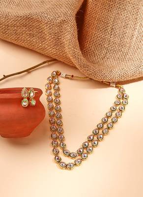 2 Layered Kundan Necklace Set with Earrings in White Gold Plated 1