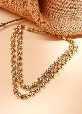 2 Layered Kundan Necklace Set with Earrings in White Gold Plated 2