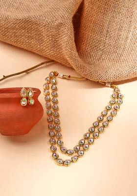 2 Layered Kundan Necklace Set with Earrings in White Gold Plated 4
