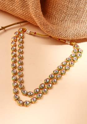 2 Layered Kundan Necklace Set with Earrings in White Gold Plated 5