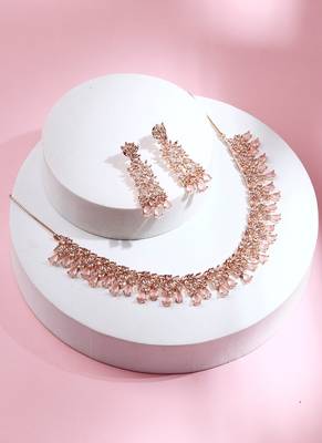 American Diamond Necklace Set with Earrings in Rose Gold Plated 1