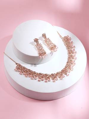 American Diamond Necklace Set with Earrings in Rose Gold Plated 4