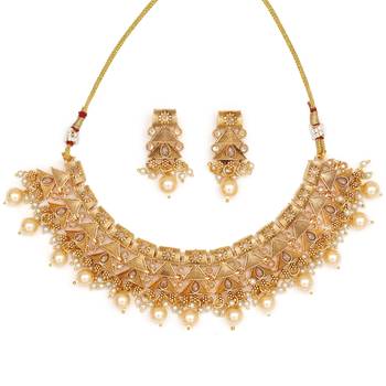 Antique pearl drop necklace set for festive occasions, embellished with stones 2
