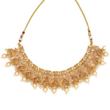 Antique pearl drop necklace set for festive occasions, embellished with stones 3