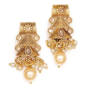 Antique pearl drop necklace set for festive occasions, embellished with stones 4