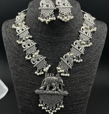 Elephant necklace oxidised silver set for women, gifts for her, anniversary bollywood jewellery, boho tribal jewellery 2